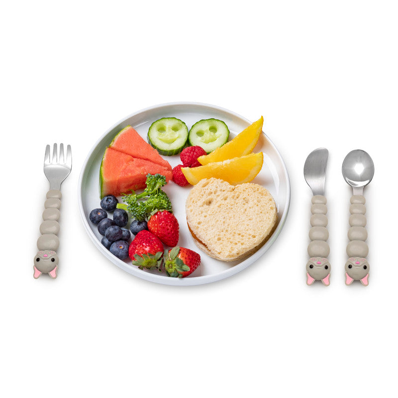 Melii Utensil Set - Purple Cat & Grey Bulldog (6 Pcs)Nursing & FeedingThere is nothing messier than a toddler self-feeding, but if your little one will be covered in apple sauce from head-to-toe, they may as well have fun doing it! Our colorful bulldog, c