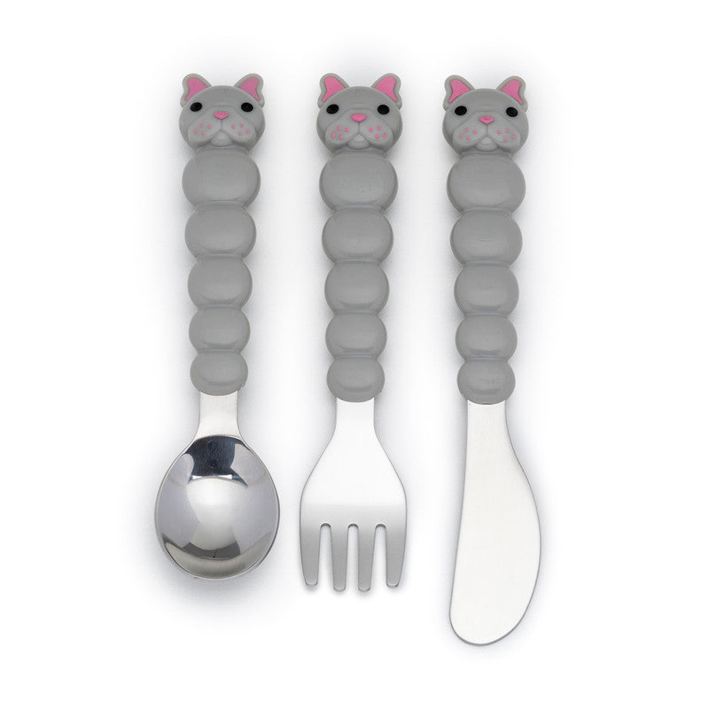 Melii Utensil Set - Purple Cat & Grey Bulldog (6 Pcs)Nursing & FeedingThere is nothing messier than a toddler self-feeding, but if your little one will be covered in apple sauce from head-to-toe, they may as well have fun doing it! Our colorful bulldog, c