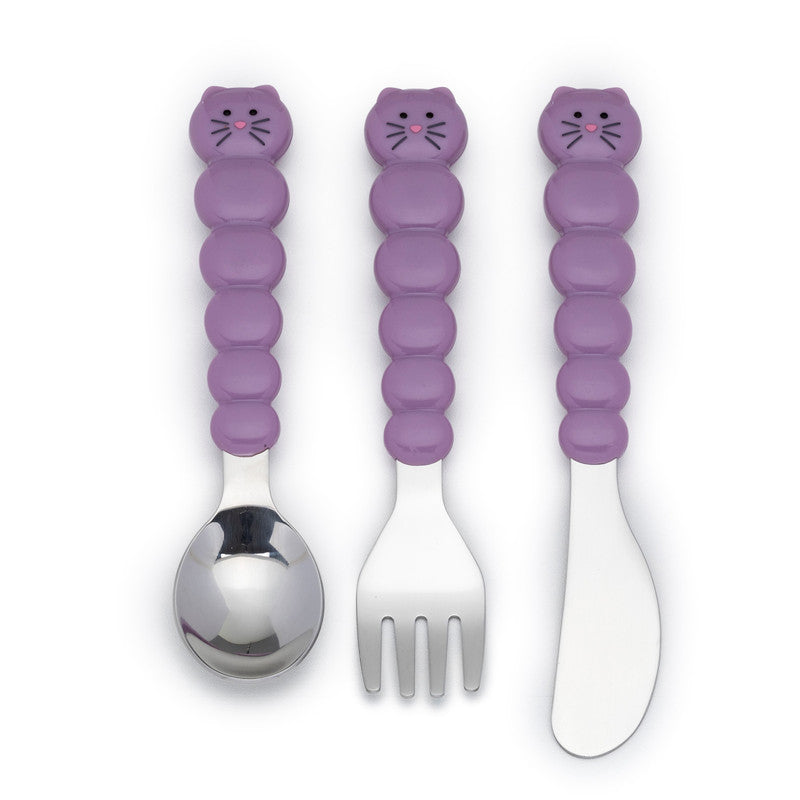 Melii Utensil Set - Purple Cat & Grey Bulldog (6 Pcs)Nursing & FeedingThere is nothing messier than a toddler self-feeding, but if your little one will be covered in apple sauce from head-to-toe, they may as well have fun doing it! Our colorful bulldog, c