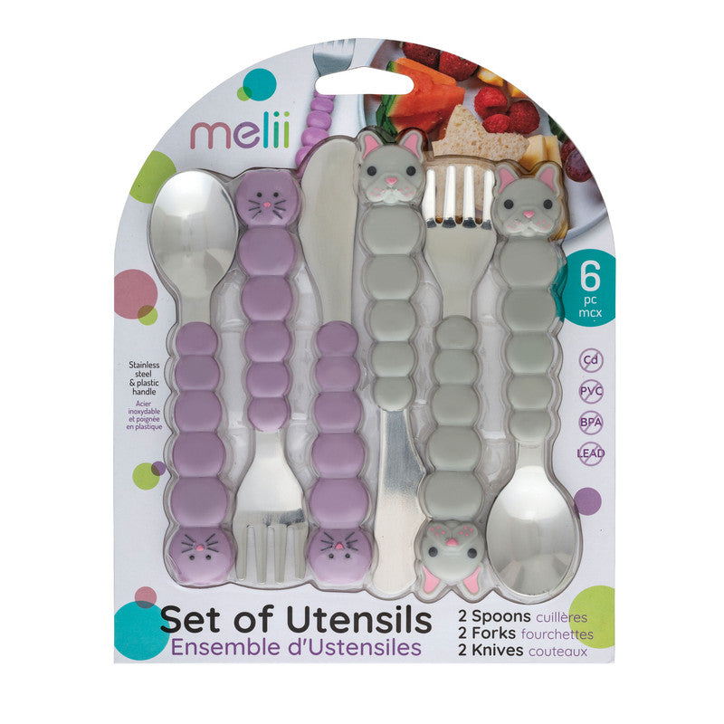 Melii Utensil Set - Purple Cat & Grey Bulldog (6 Pcs)Nursing & FeedingThere is nothing messier than a toddler self-feeding, but if your little one will be covered in apple sauce from head-to-toe, they may as well have fun doing it! Our colorful bulldog, c