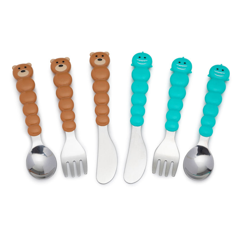 Melii Utensil Set - Brown Bear & Blue Shark (6 Pcs)Nursing & FeedingThere is nothing messier than a toddler self-feeding, but if your little one will be covered in apple sauce from head-to-toe, they may as well have fun doing it! Our colorful bulldog, cat