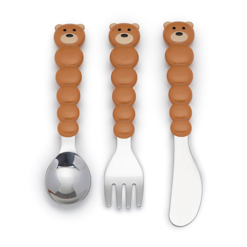 Melii Utensil Set - Brown Bear & Blue Shark (6 Pcs)Nursing & FeedingThere is nothing messier than a toddler self-feeding, but if your little one will be covered in apple sauce from head-to-toe, they may as well have fun doing it! Our colorful bulldog, cat