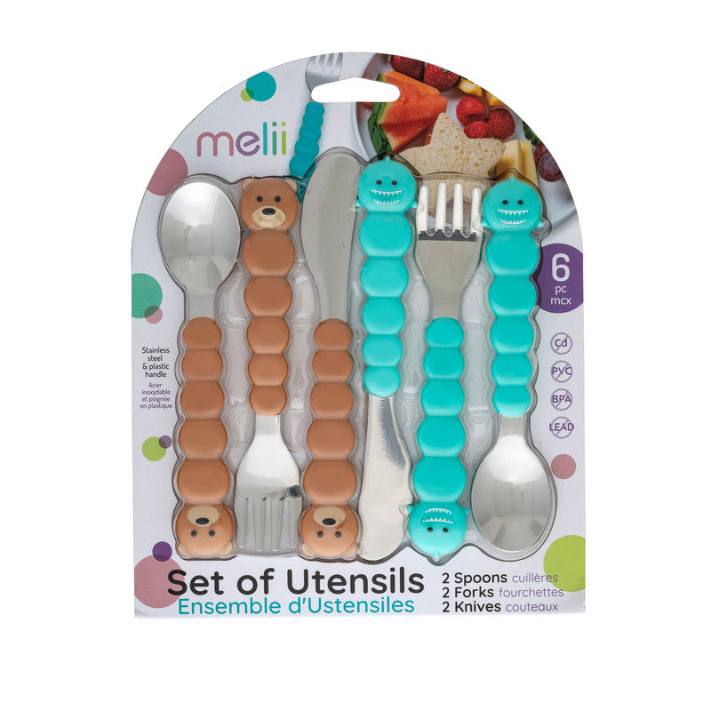 Melii Utensil Set - Brown Bear & Blue Shark (6 Pcs)Nursing & FeedingThere is nothing messier than a toddler self-feeding, but if your little one will be covered in apple sauce from head-to-toe, they may as well have fun doing it! Our colorful bulldog, cat