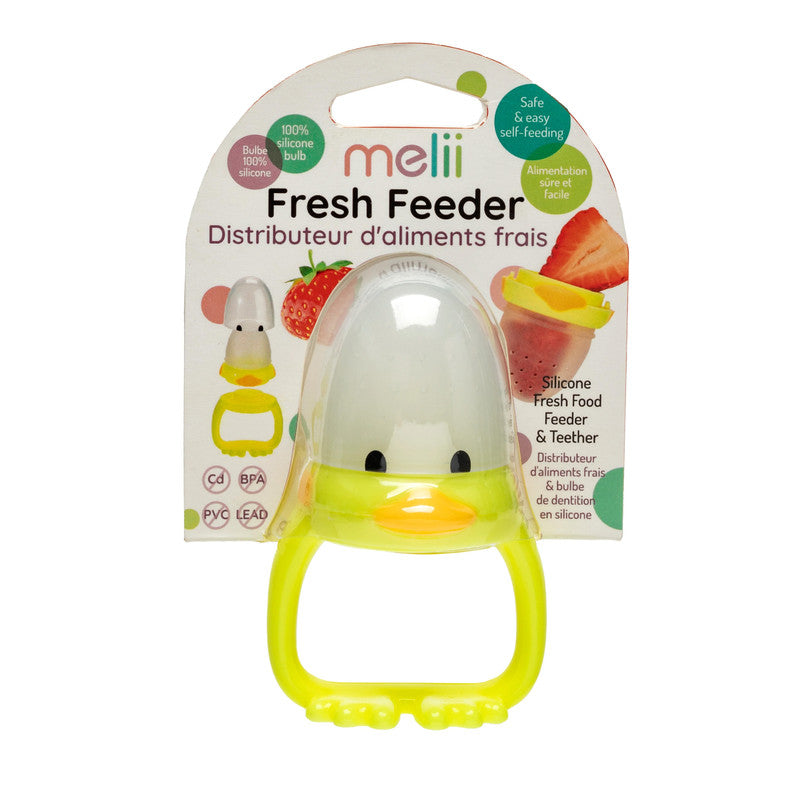 Melii Duck Fresh Feeder YellowNursing & FeedingThese 100% silicone perforated bulbs are the perfect way to safely introduce first solid foods to babies. The small holes in the silicone bulbs allows baby to safely taste small amounts of food. The cute duck