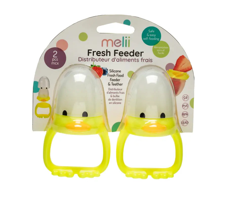 Melii Duck Fresh Feeder - 2 Pack YellowNursing & FeedingThese 100% silicone perforated bulbs are the perfect way to safely introduce first solid foods to babies. The small holes in the silicone bulbs allows baby to safely taste small amounts of food. The