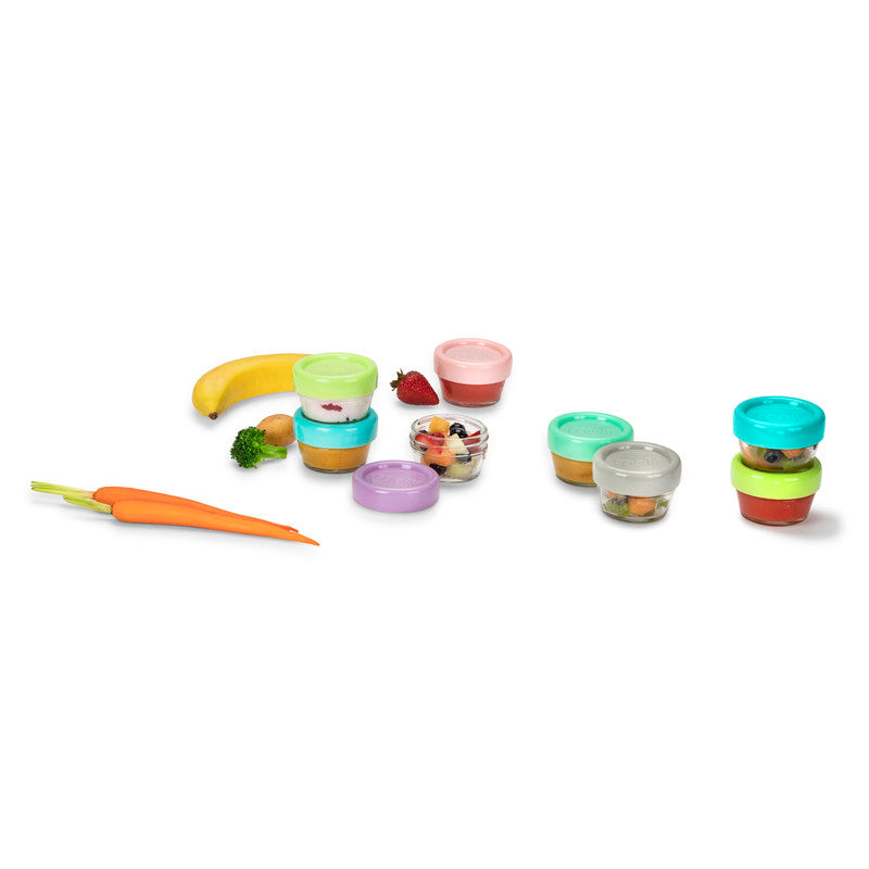 Melii Glass Food Container (2oz) - 12 Piece SetNursing & FeedingMelii’s glass baby food containers can conveniently portion, store, warm and serve your baby’s food! The airtight and leakproof lids with silicone seal locks in freshness, avoids freezer burn