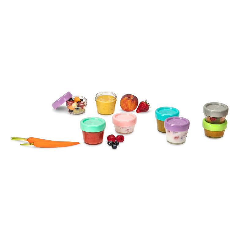 Melii Glass Food Container (6 x 4oz + 6 x 2oz) - 12 Piece SetNursing & FeedingMelii’s glass baby food containers can conveniently portion, store, warm and serve your baby’s food! The airtight and leakproof lids with silicone seal locks in freshness, avoid