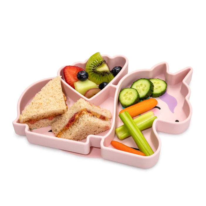 Melii Divided Silicone Suction Plate - Pink UnicornNursing & FeedingOur silicone suction plate aims to make meal time a little less stressful and a lot more fun! Place the plate on a flat surface and let the suction do its magic – the plate will stick to