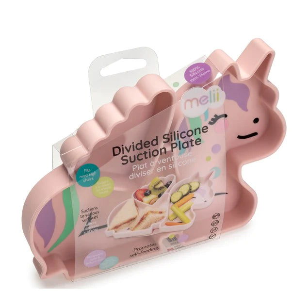Melii Divided Silicone Suction Plate - Pink UnicornNursing & FeedingOur silicone suction plate aims to make meal time a little less stressful and a lot more fun! Place the plate on a flat surface and let the suction do its magic – the plate will stick to