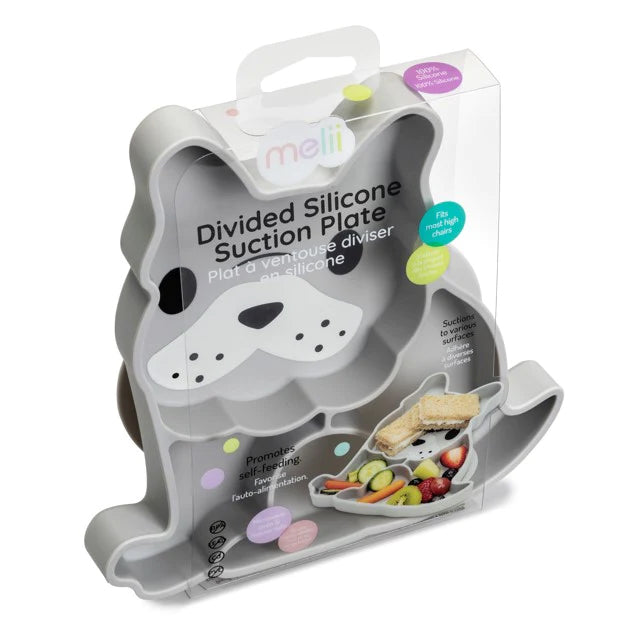 Melii Divided Silicone Suction Plate - Grey BulldogNursing & FeedingOur silicone suction plate aims to make meal time a little less stressful and a lot more fun! Place the plate on a flat surface and let the suction do its magic – the plate will stick to