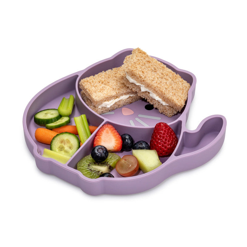 Melii Divided Silicone Suction Plate - Purple CatNursing & FeedingOur silicone suction plate aims to make meal time a little less stressful and a lot more fun! Place the plate on a flat surface and let the suction do its magic – the plate will stick to th