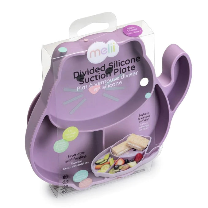 Melii Divided Silicone Suction Plate - Purple CatNursing & FeedingOur silicone suction plate aims to make meal time a little less stressful and a lot more fun! Place the plate on a flat surface and let the suction do its magic – the plate will stick to th