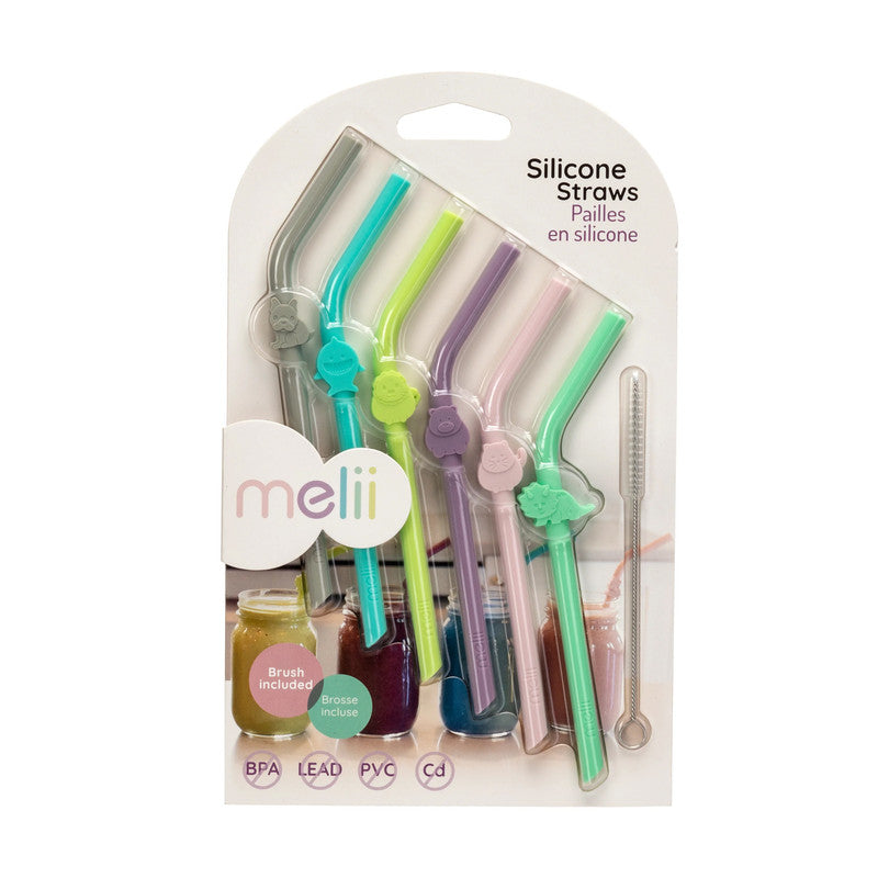 Melii 6 Silicone Straws with Cleaning Brush - Animals clip DesignNursing & FeedingBabies and kids can have fun sipping on their favorite drinks with our animal-shaped, multi-coloured, 100% food grade silicone straws! Includes a bulldog, cat, shark, dinosa