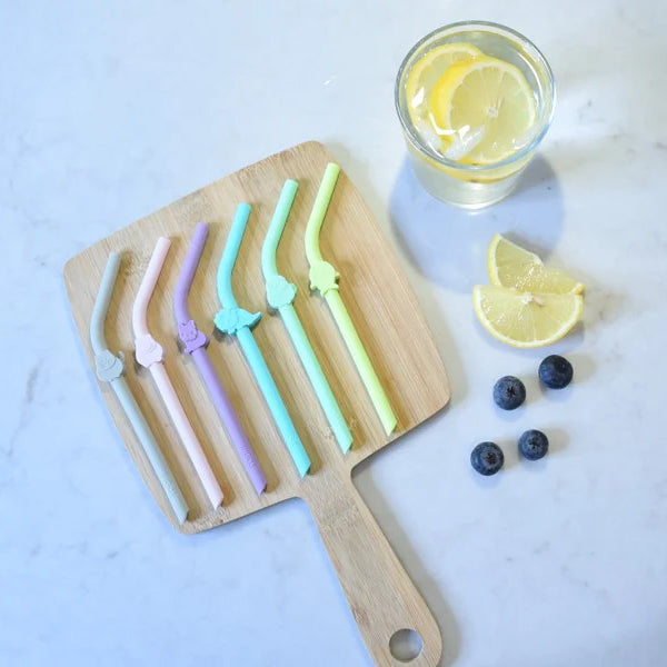 Melii 6 Silicone Straws with Cleaning Brush - Animals clip DesignNursing & FeedingBabies and kids can have fun sipping on their favorite drinks with our animal-shaped, multi-coloured, 100% food grade silicone straws! Includes a bulldog, cat, shark, dinosa