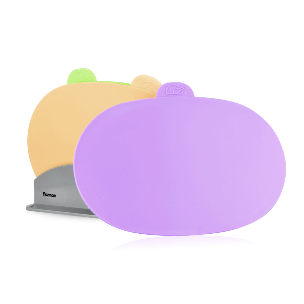 FISSMAN Foldable Cutting Board Set of 3, Non-slip Food Icon Chopping Board with Stand 29cmKitchen Storage8010 3 pcs index chopping board set 29x22 cm (plastic) This chopping board set composes of 3 different colour boards made of plastic. Each colour repr