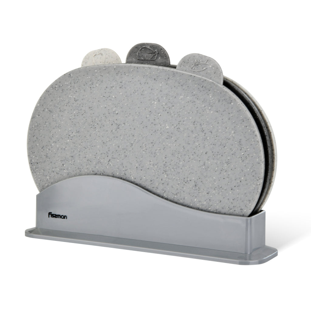 FISSMAN Foldable Cutting Board Set of 3, Non-slip Food Icon Chopping Board with Stand 29cm (Gray)Kitchen Storage8014 3 pcs index chopping board set 29x22 cm (plastic) This chopping board set composes of 3 different coloured boards. Each coloured board rep