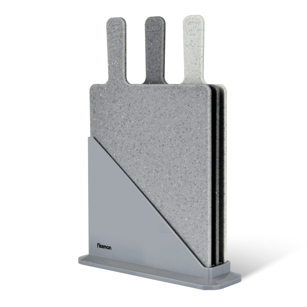 FISSMAN Food Grade Plastic Cutting Board Set with Food Icon and Stand - Grey Set of 3, Marble Coloured Non-Slip Index Chopping Board for KitchenKitchen Storage3 pcs index chopping board set 32x19 cm (plastic) This chopping board set composes of 3 differen