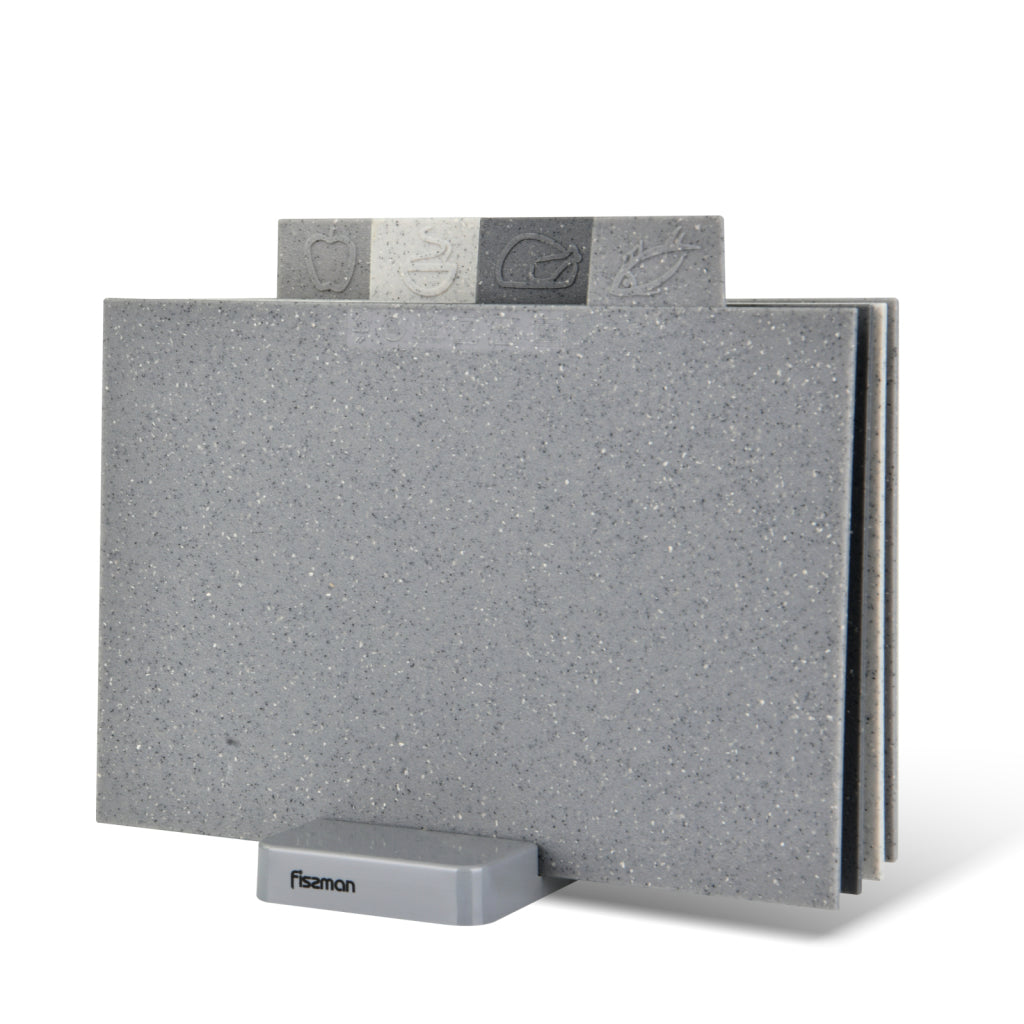 Fissman Cutting Board Set of 4 Non-slip Marble Coating Plastic Mats with Stand Chopping Board with Food IconsKitchen Storage4 pcs index chopping board set 29x22.5 cm (plastic) This chopping board set composes of 4 different colour boards made of plastic.