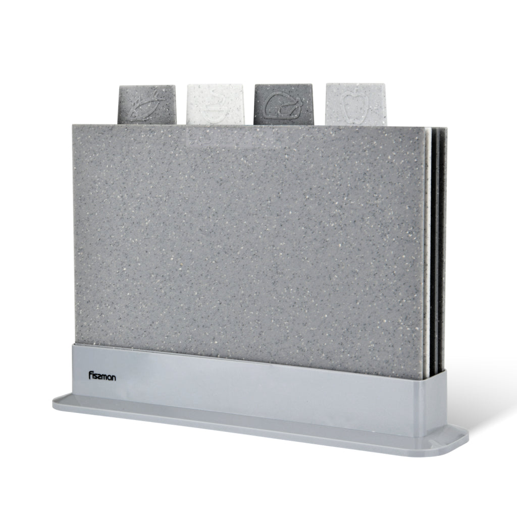 FISSMAN 4pcs Plastic Index Chopping Board Set with Marble Coating and Food Icons 29x22.5cmKitchen Storage4 pcs index chopping board set 29x22.5 cm (plastic) This chopping board set composes of 4 different colour boards made of plastic. Each colour represe