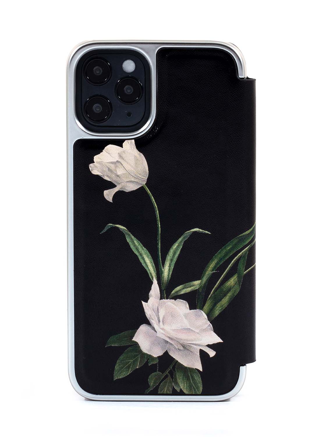 Ted Baker iPhone 12 Mini Mirror Folio Case - Elegant Book Case w/ Built-in Mirror, Wireless Charging Compatible, Women/Girls Phone Case - Elder Flower Black Silver