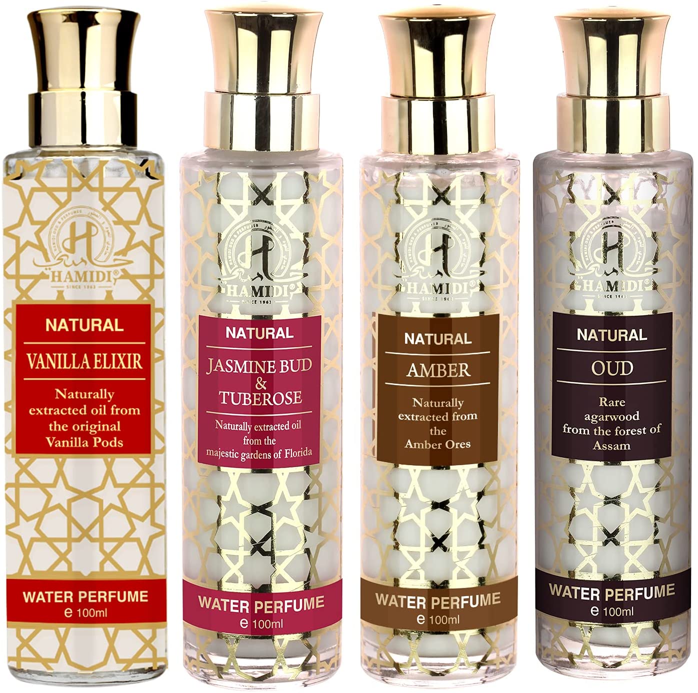 Hamidi Non Alcoholic Natural Water Perfumes for Unisex 100ml – Perfumes Bundle Offer – Includes 4 PcsPerfumes & FragrancesHamidi Non-Alcoholic Natural Musk Water Perfumes for Unisex 100ML – PACK OF 4 NATURAL VANILLA ELIXIR 100ML: Naturally extracted oil f
