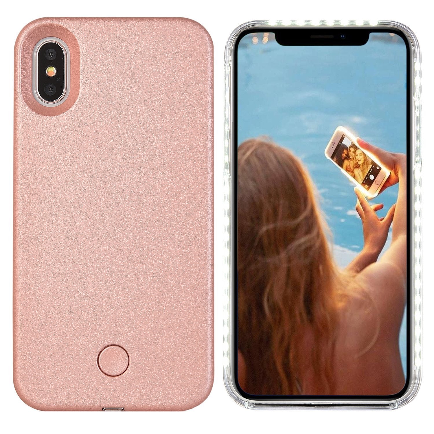 iPhone XS / X Case, LED Illuminated Selfie Light Cell Phone Case Cover [Rechargeable] Light Up Luminous Selfie Flashlight Case 5.8inch - Rose Gold