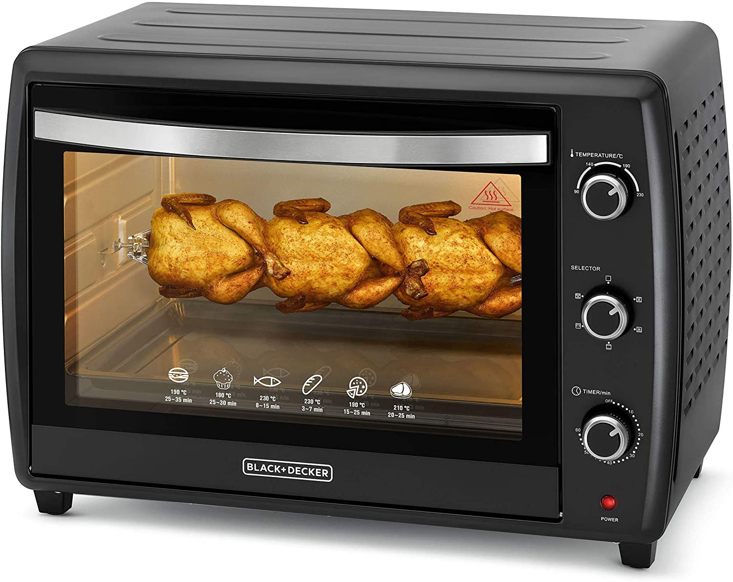 Black+Decker Double Glass Toaster Oven with Rotisserie 70L, TRO70RDG-B5 - BlackHome AppliancesKEY FEATURES Power: 1500W Rotisserie and rotisserie handle Anti-rust galvanized stainless steel interior Toast/bake/broil function Thermostat controlled Product