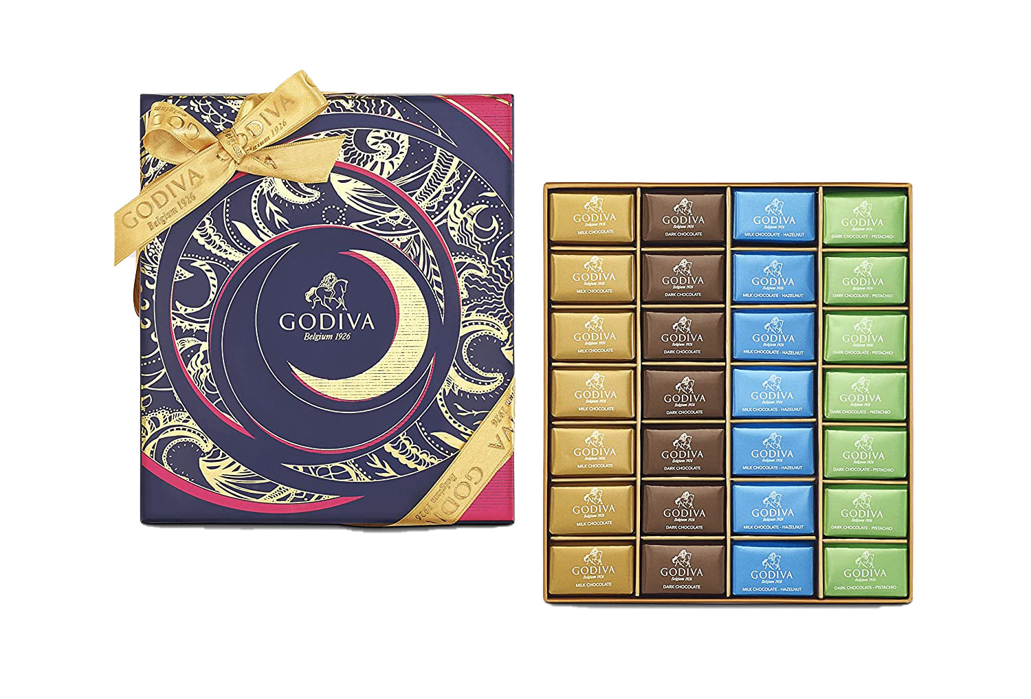 Godiva Ramadan Napolitains, 56 PiecesChocolate & ConfectioneryThe Godiva Napolitains box is filled with rich flavor ranging from well balanced Milk Chocolate and Hazelnut to more pronounced Dark Pistachio and Dark Chocolate.