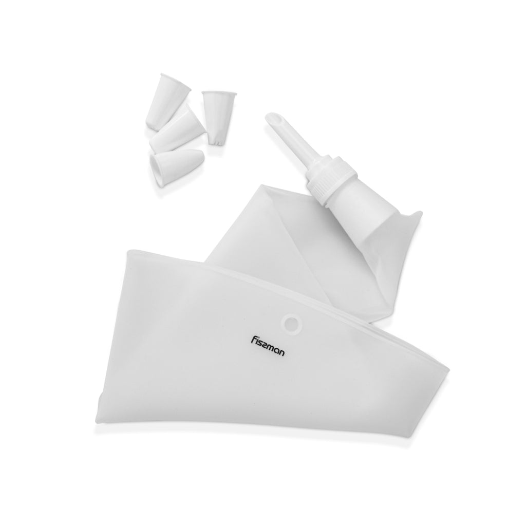 FISSMAN Silicone Icing Bag 39.5x21cm with 4 Nozzles TipKitchen Storage8890 Icing bag 39.5x21 cm with 4 nozzles TRANSPARENT (silicone) Our carefully selected kitchen silicone utensils satisfy the most extensive needs. Explore the innovations within our kit