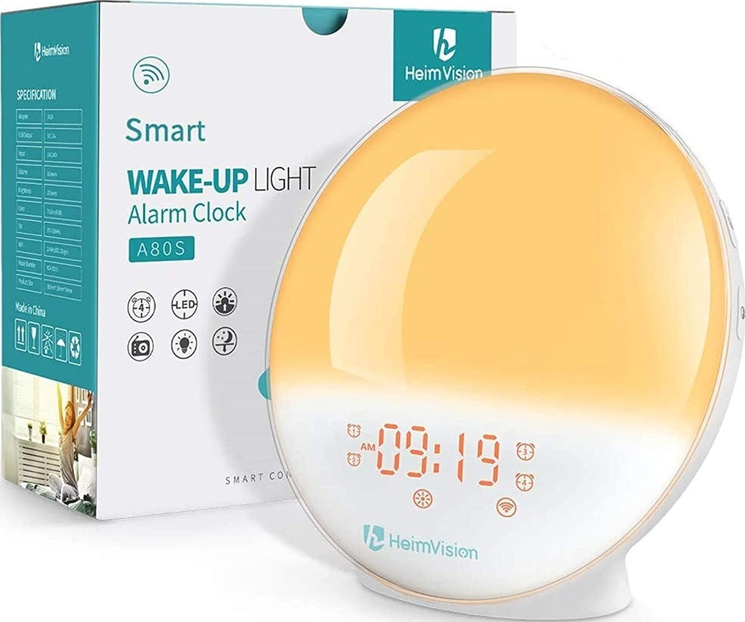 HeimVision Sunrise Alarm Clock, A80S Smart Wake up Light Work with Alexa, Sleep Aid Digital Alarm Clock with Sunset Simulation, Snooze/FM Radio /7 Natural Sounds and 4 Alarms for Adults & Kids White/Orange 165x60millimeter