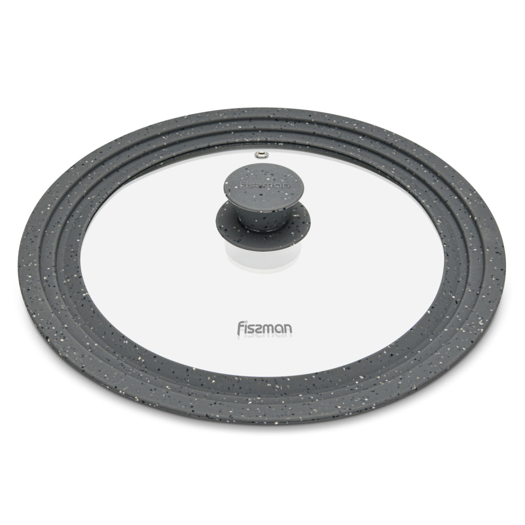 FISSMAN Multi-Size Glass Lid TRIPLEX for 24/26/28cm with Dark Gray Marble Silicone RimKitchen Storage9948 Multi-size lid TRIPLEX 24/26/28 cm with DARK GREY marble silicone rim (glass) Explore and use our innovative kitchen utensils that will pleasantly su