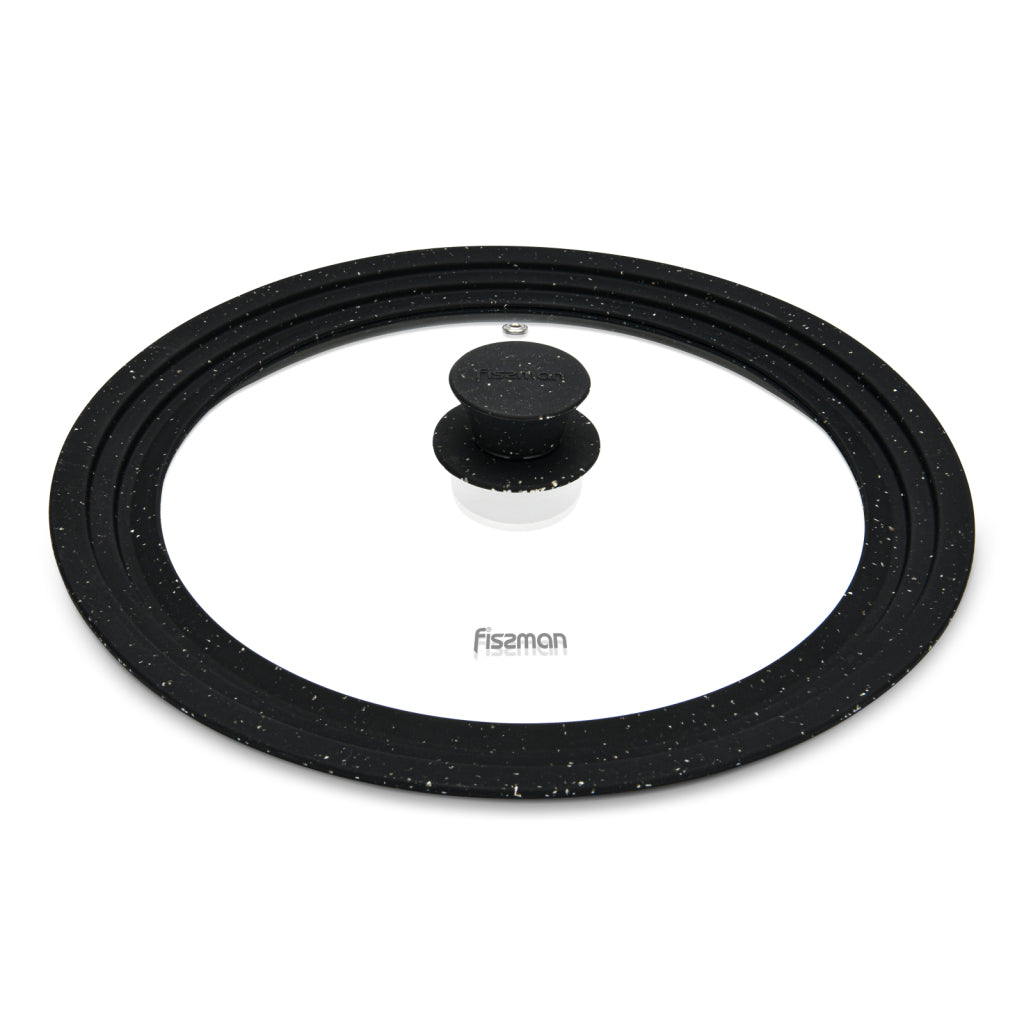 FISSMAN Multi-Size Glass Lid TRIPLEX for 26/28/30cm with Black marble Silicone RimKitchen Storage9959 Multi-size lid TRIPLEX 26/28/30 cm with Black marble silicone rim (glass) Explore and use our innovative kitchen utensils that will pleasantly surprise y