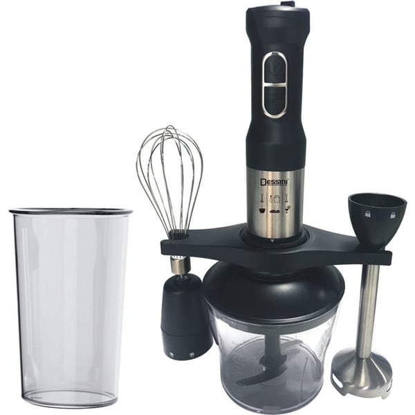 Dessini Multifunctions Hand Blender 4 in 1 Black220-240V 50/60HzPower- 850W Powerful and silent DC Motor 2 Speeds and Variates Adjust Speeds Brushing Stainless Steel Stick Rod High efficiency Stainless Steel blades Luxury Appearance Stainless steel housin