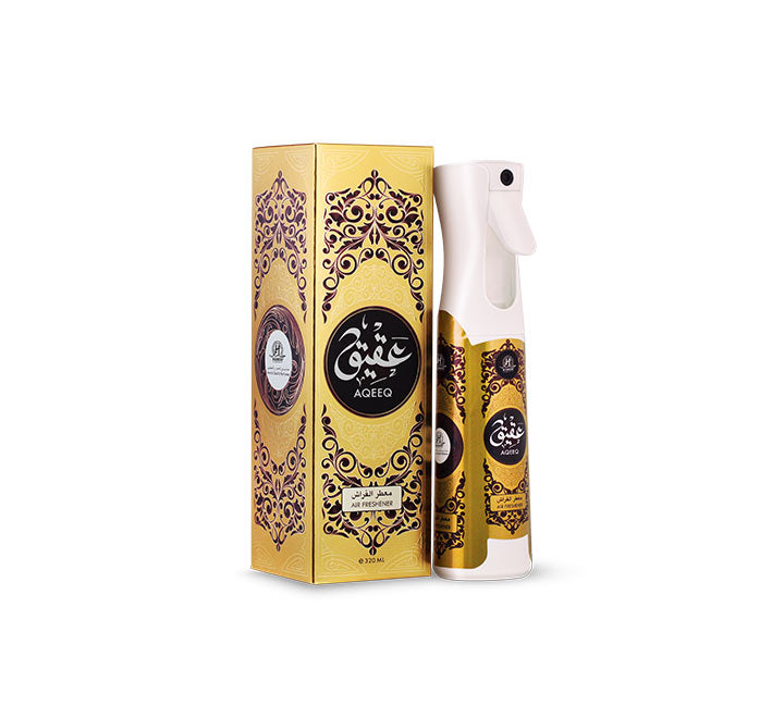 Air Freshener Aqeeq 320MLHome EnvironmentA soothing oriental fragrance with top notes of calming rose and saffron with a sweet caramel center and sandal and agarwood base.