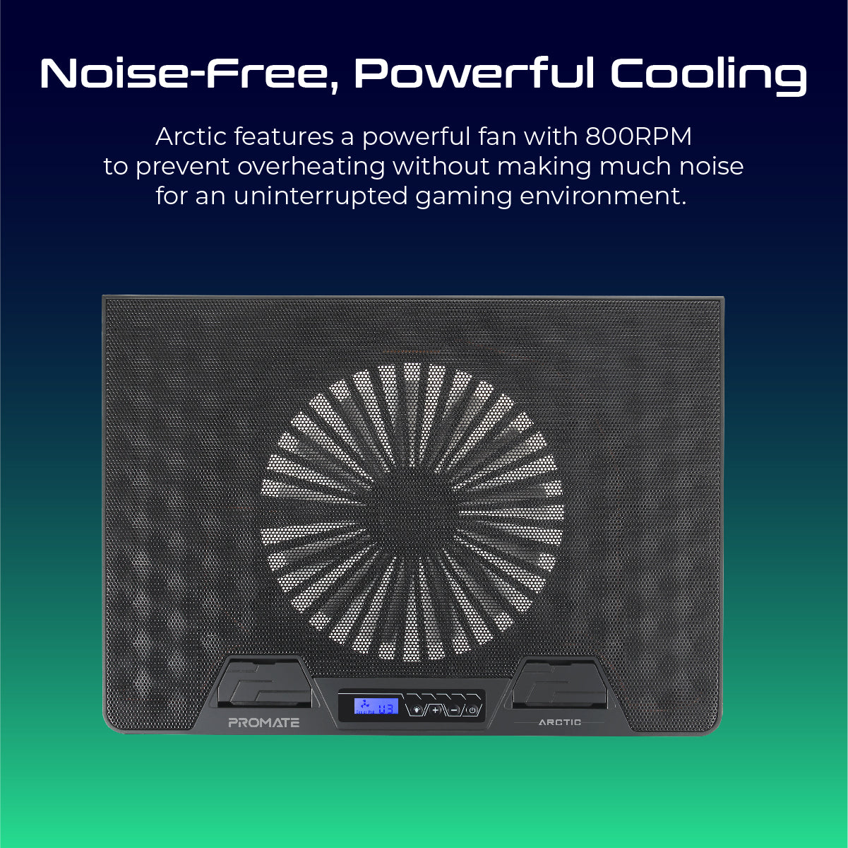 Promate Laptop Cooling Pad, Portable Gaming Laptop Cooling Stand with Ventilated Metal Mesh Surface, Adjustable Height, LCD Display Screen, Built-In Controls, Smart RGB LED Lights and Dual USB Ports for Laptops up to 17 Inches, Arctic