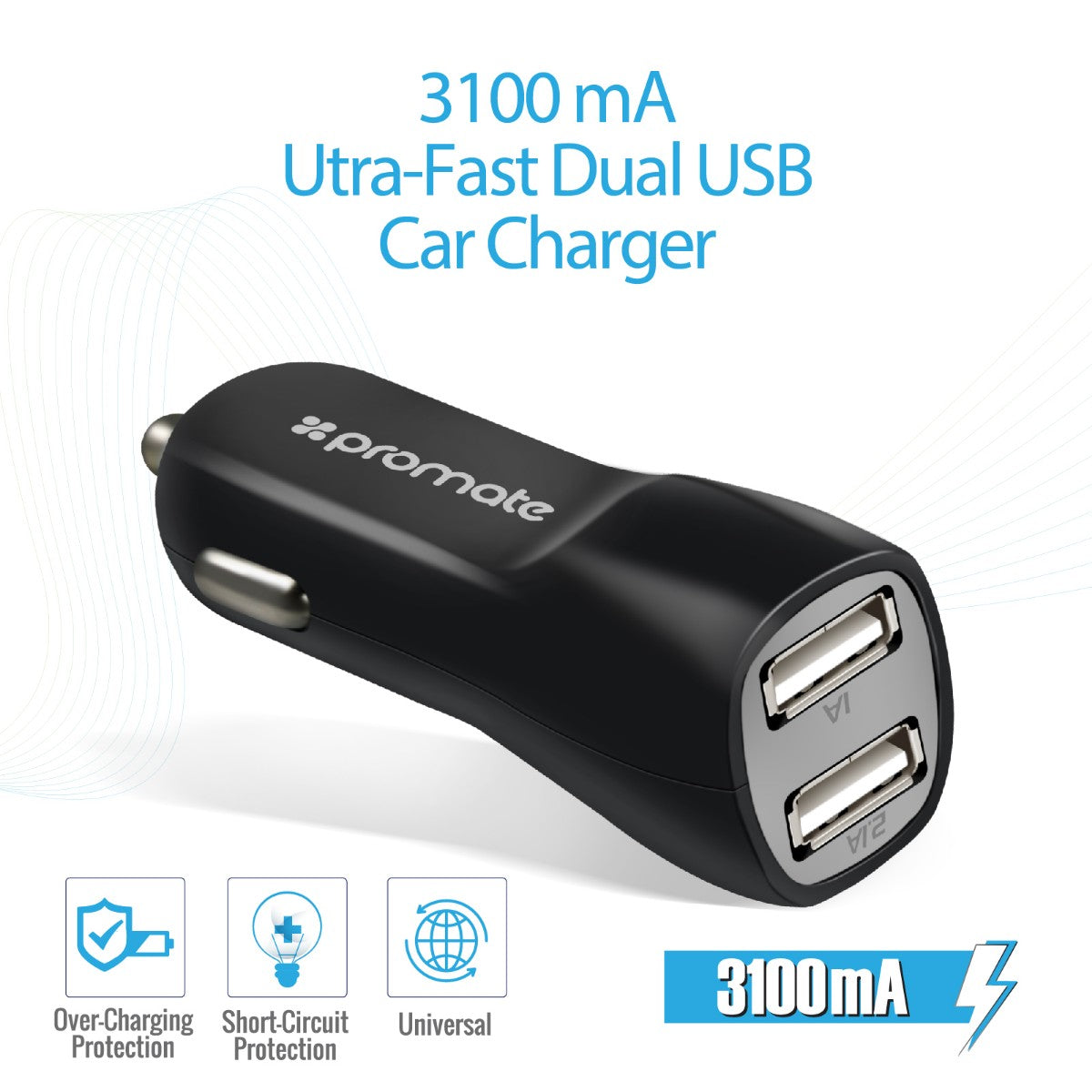 Promate - Car Charger, 3.1A Dual USB Port Car Charger with Micro-USB Sync and Charger Cable for Smartphone and Tablets, CarKit-M