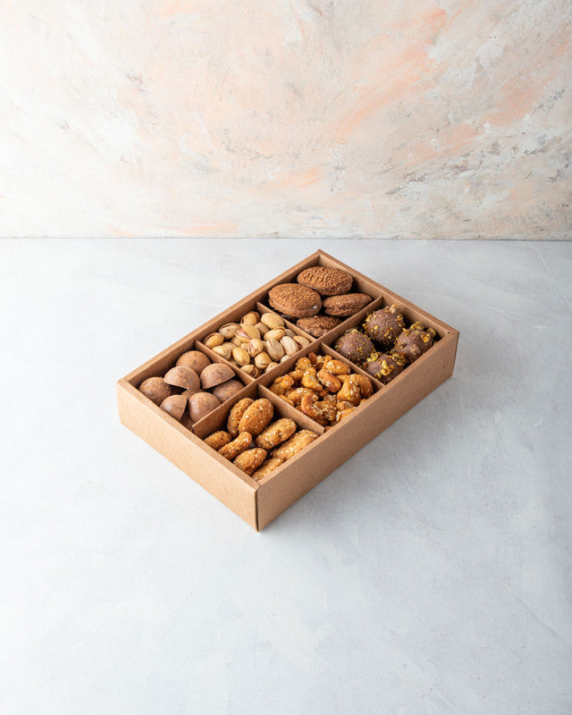 Sweet and Savoury Assortment by NJDNuts, Dates & Dried FruitsYOUR GIFT CONTAINS Content: Assorted Truffles 14pcs Chocolate cookies 8pcs Pistachio - 100gms Caramalized Cashews 150gms Savory cookies 150gms Flavors Chocolate Cookies Roasted Nuts Truffles Car