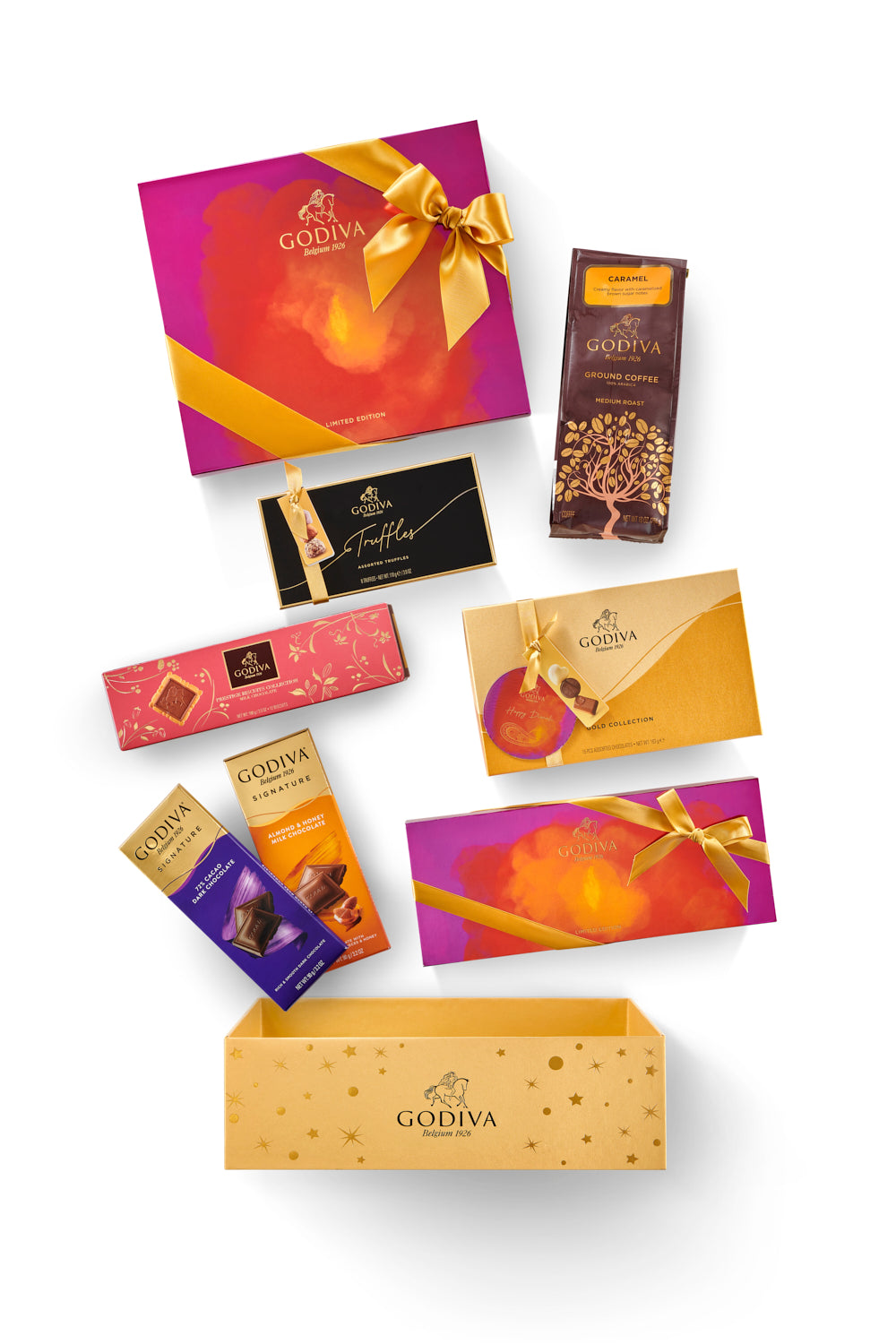 Godiva Diwali Gift HamperChocolate & ConfectioneryCelebrate Diwali with GODIVA’s chocolate gift hamper that holds many luxurious treats like our: Assorted Chocolate Gold Gift Box, 15 pc. Signature Chocolate Truffles Gift Box 8 pc. Diwali Limited Edition N