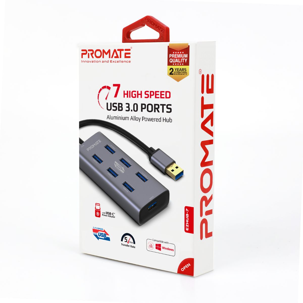 Promate - 7 Port USB 3.0 Hub, Portable Aluminium Alloy Port USB 3.0 Powered Hub with 5Gbps Data Transfer and USB-C™ Power Adapter for MacBook, iMac, Laptop, USB Flash Drive, HDD Hard Drive, EZHub-7