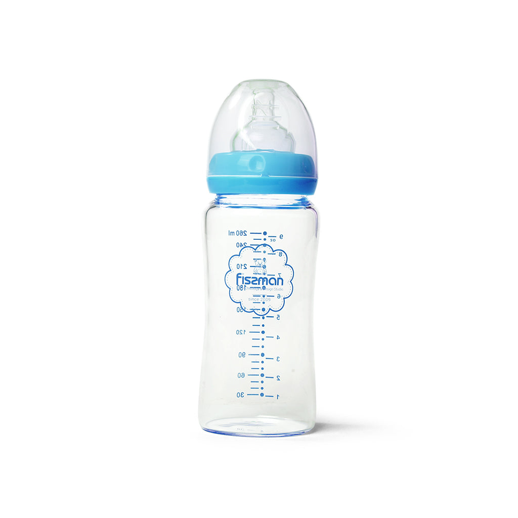 FISSMAN Feeding Bottle Borosilicate Glass with Wide Neck 260ml (Blue)Nursing & FeedingAll the best for children today is a guarantee of the health and well-being of generations in the future. FISSMAN presents you a feeding bottle made of heat resistant bo