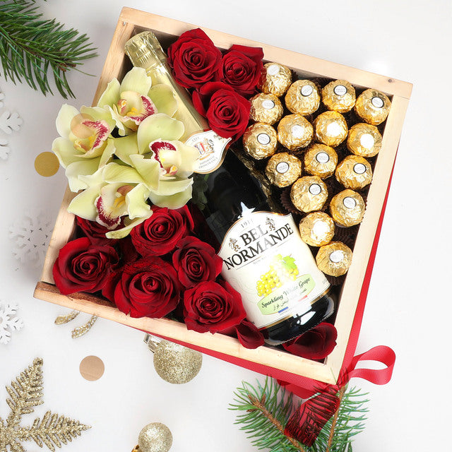 Fine Day Celebration BasketFlowers9 Red Roses 4 Yellow Cymbidium 16 Pcs Ferrero Rocher Bel Normande Sparkling Juice Arranged in a Wooden Box and a Ribbon Bow