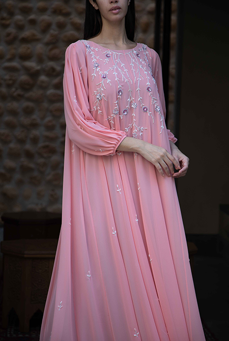 Fatima with Love -  Pink Chiffon With Pink & White Embroidery Kaftan