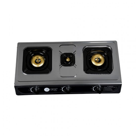 AFRA Japan Three Burner Gas Stove, Brass Caps, Battery Powered Ignition, Tempered Glass Top
