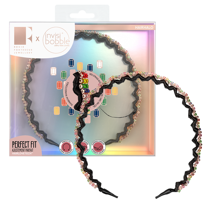 HAIRHALO Rosie Fortescue Trendy TreasureHair Careinvisibobble® teamed up with British jewelry designer Rosie Fortescue to create the world’s first hair-loving hair jewelry. HAIRHALO get’s some extra bling with gorgeous rainbow rhinestones to transform you