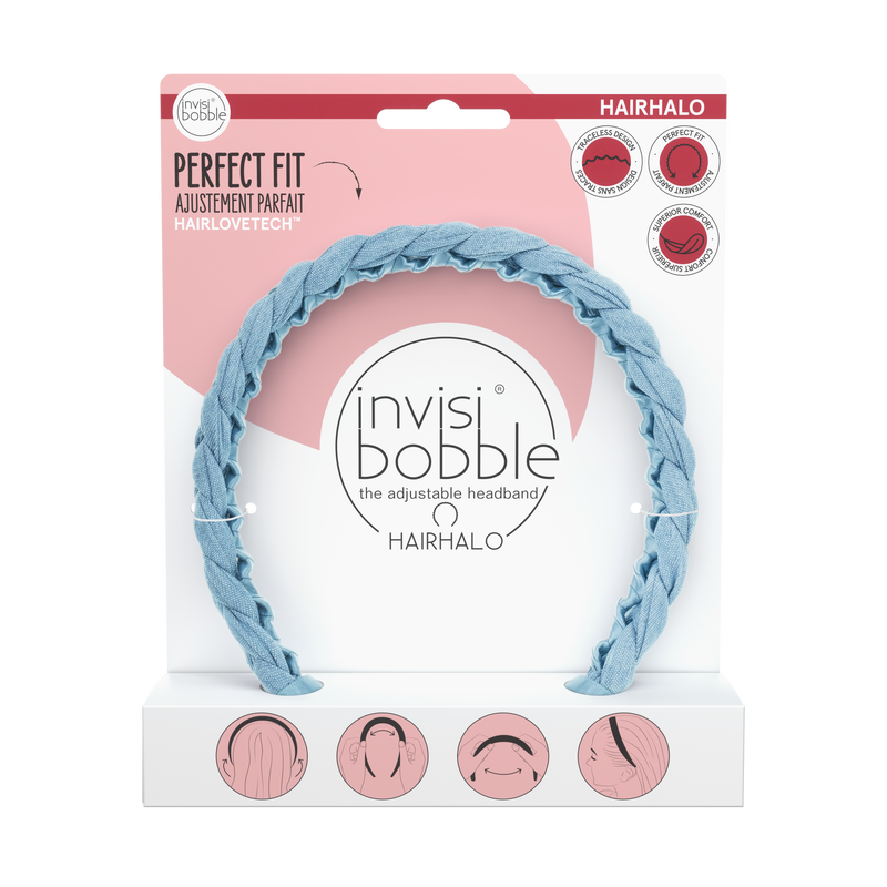 IB HAIRHALO Miss DenimHair Careinvisibobble HAIRHALO, the adjustable headband. With HAIRLOVETECH™, Its traceless design and spiral shape provide fewer pressure points on the head, resulting in superior comfort. The adjustable structure and special shape m