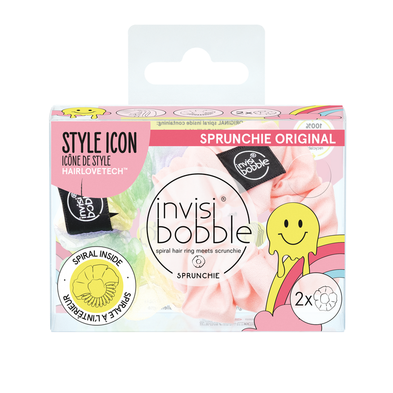 IB SPRUNCHIE Retro Dreamin Hue-Man LoveHair CareInvisibobble's bestseller, the SPRUNCHIE, get's a retro design with rainbow colors and nostalgic pinks. The limited scrunchies make a perfect ponytail or you can simply wear them around your wrist as a styli