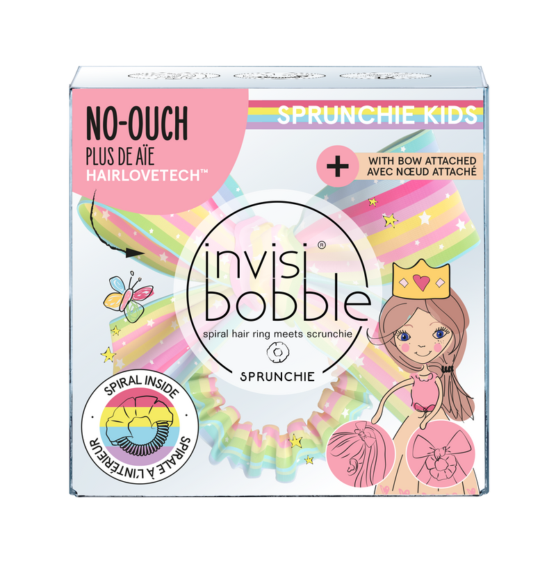 IB KIDS SLIM SPRUNCHIE w. Bow Lets Chase RainbowsHair Careinvisibobble SPRUNCHIE, the style icon. With HAIRLOVETECH™, Having a spiral inside, the SPRUNCHIE ensure maximum hold while being gentle to the hair. For all hair types and all styles. Our KIDS ver