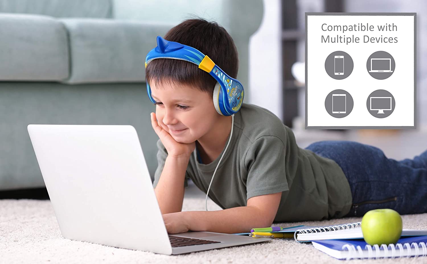 KIDdesigns Baby Shark Wired Headphones - Built in Volume Limiting Feature for Kid Friendly Safe Listening | Adjustable Headband, 3 Volume Settings | Great Stereo Sound  3.5mm connectivity - Blue