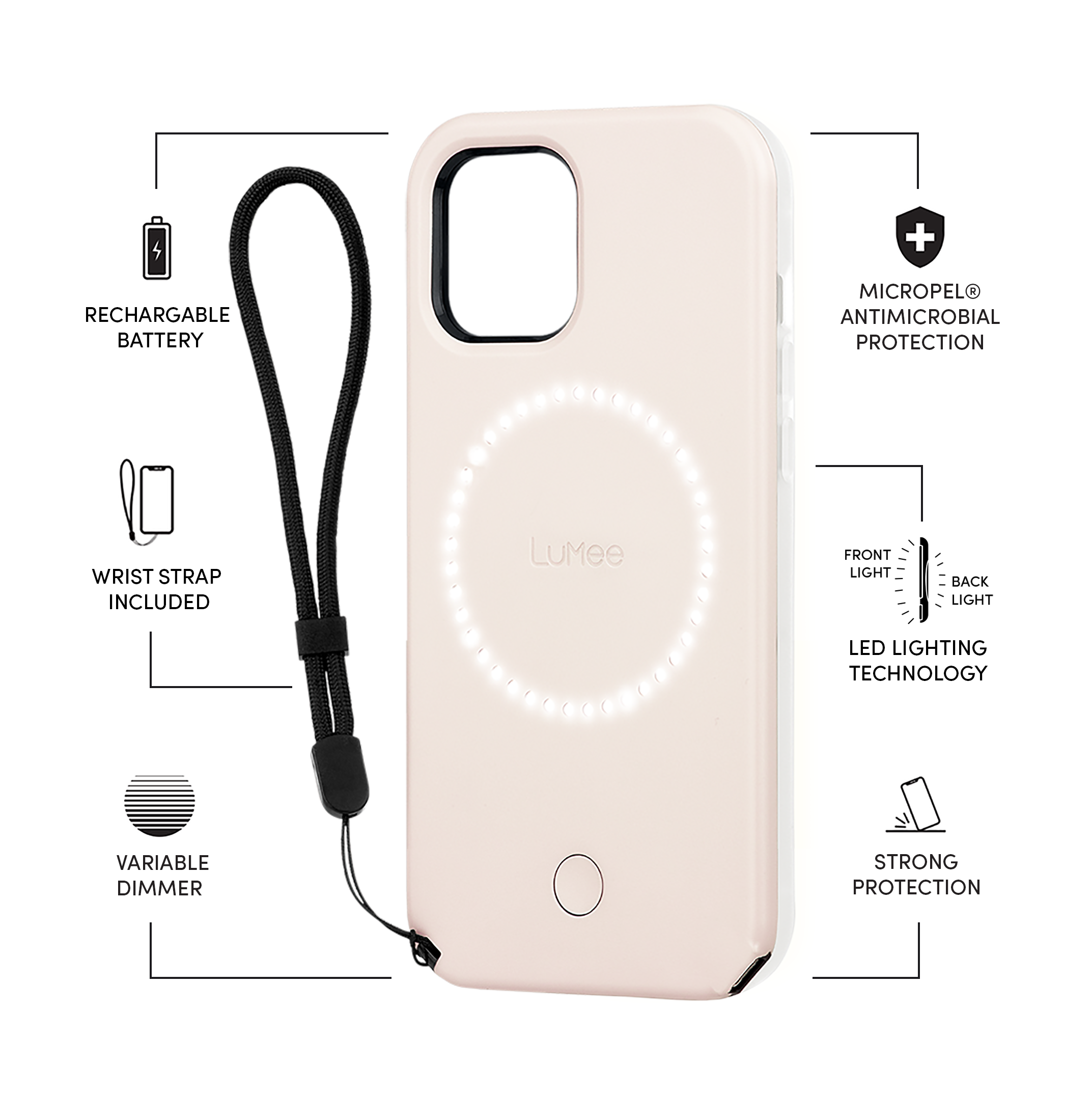 Lumee Halo Selfie Case for Apple iPhone 12 Mini - Studio-Like Front & Back Light w/ Variable Dimmer & Micropel AntiBacterial Protection Wireless Pass-Through Charging - Millenial Pink