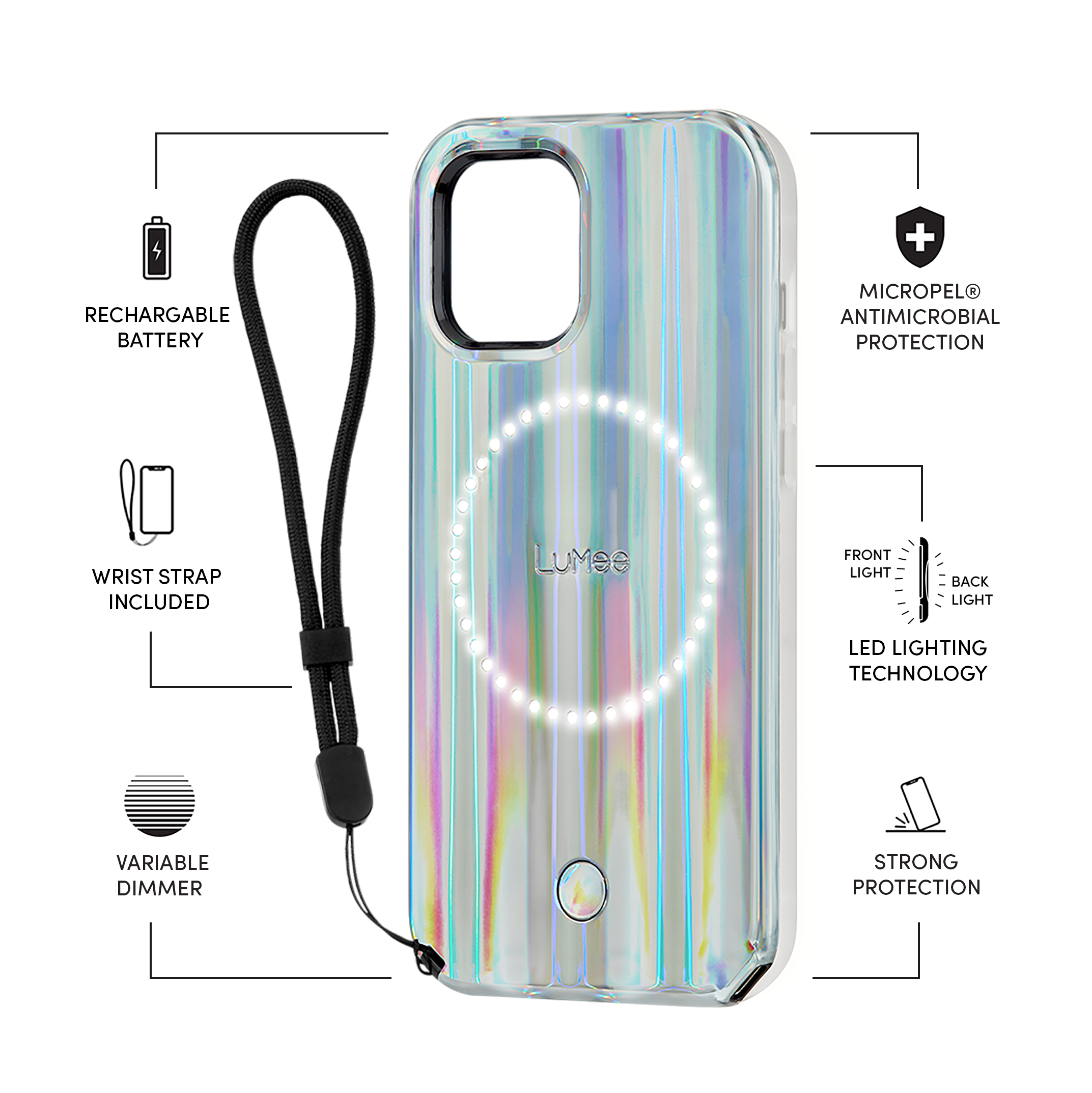 Lumee Halo Selfie Case for Apple iPhone 12 / 12 Pro - Studio-Like Front & Back Light w/ Variable Dimmer & Micropel AntiBacterial Protection Wireless Pass-Through Charging - Bolt